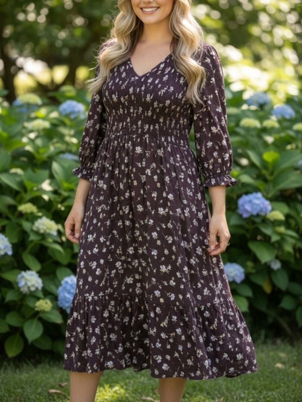 J.Jill Floral Smocked Midi Dress Purple Rayon Blend 3/4 Sleeve Women's Large